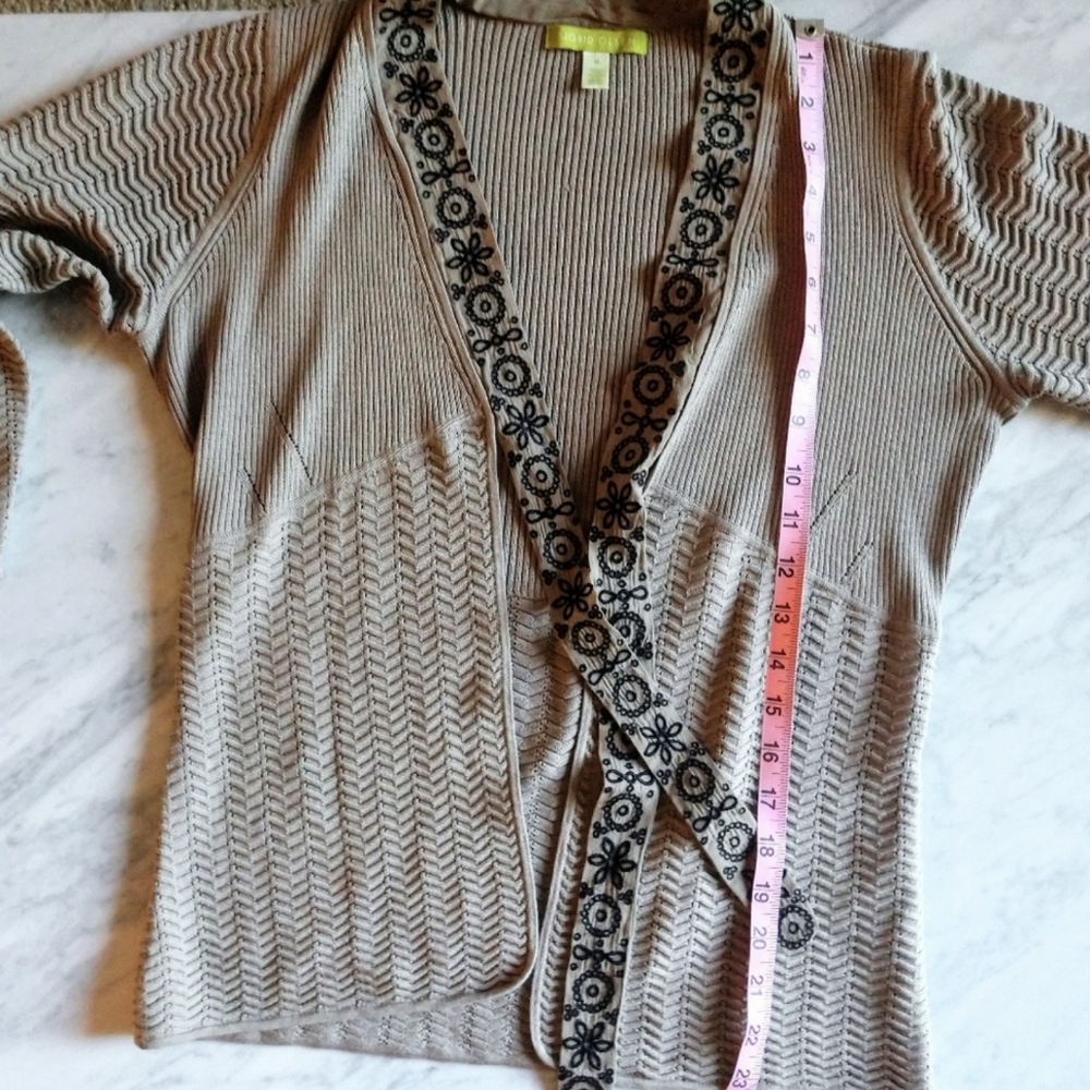 Sigrid Olsen Cardigan Top Taupe Gray Silk Bow M